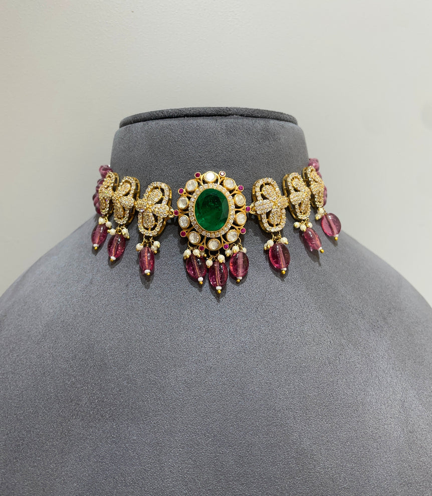 925 Silver Rose Quartz Polki Choker