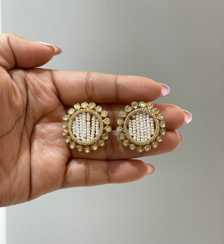 925 Silver Ethnic Pearl & Polki Earrings