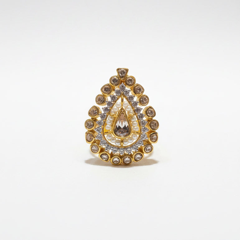 Pear-Cut Moissanite Polki & Pearl Cluster Statement Ring