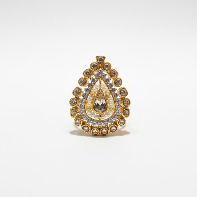 Pear-Cut Moissanite Polki & Pearl Cluster Statement Ring