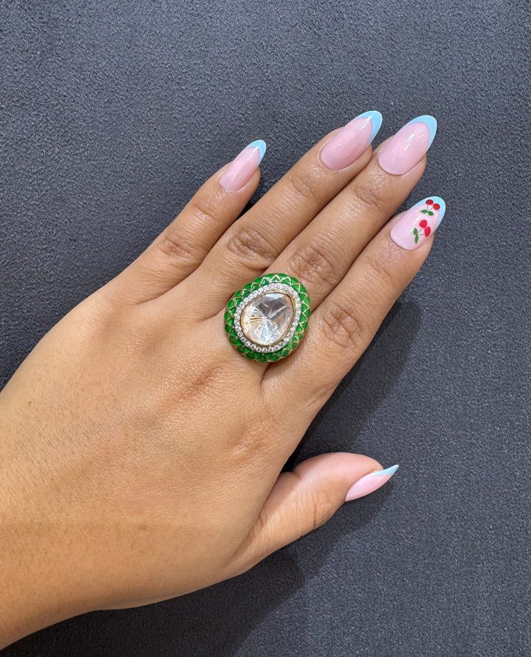 925 Silver Green Enamel Polki Ring