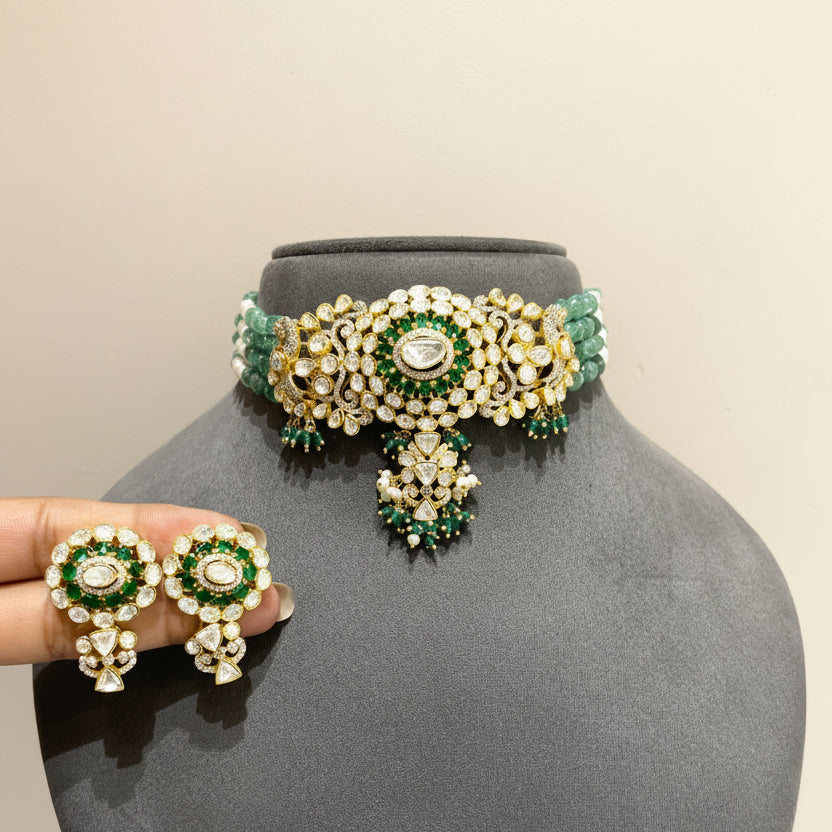 Multi-Strand Emerald Quartz Bead Polki Choker