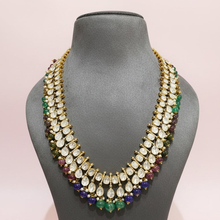 Dual-Strand Moissanite Polki & Multi-Gemstone Bead Long Set