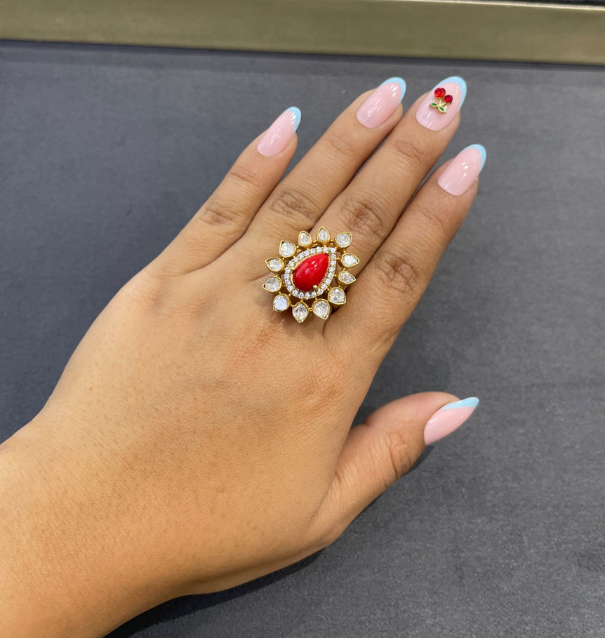 925 Silver Red Stone Polki Ring