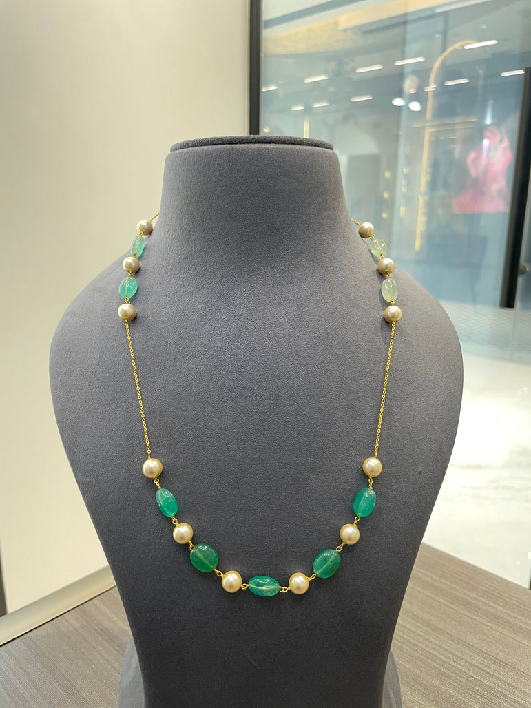 925 Silver Green & White Beads Mala