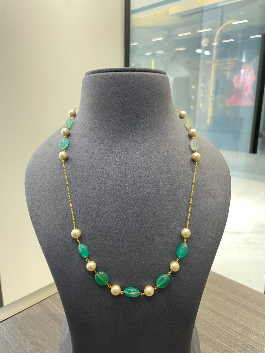 925 Silver Green & White Beads Mala
