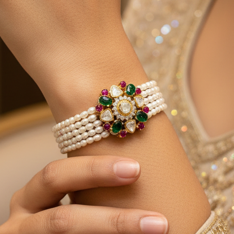 Traditional Multi-Gemstone Moissanite Polki Bloom Pearl Bracelet
