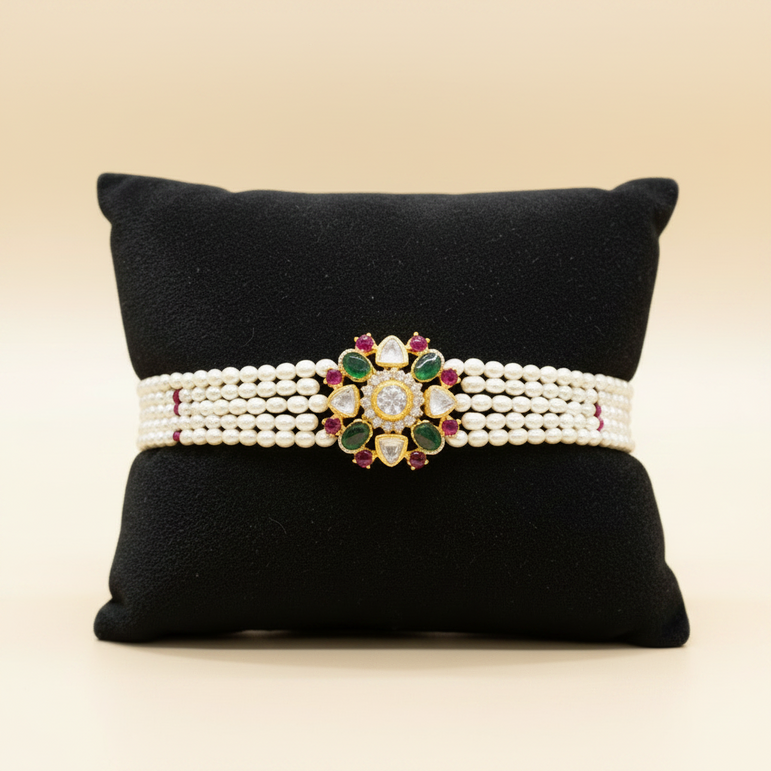 Traditional Multi-Gemstone Moissanite Polki Bloom Pearl Bracelet