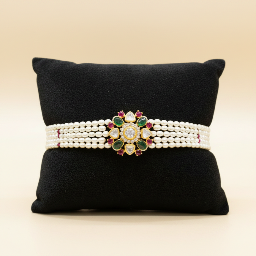 Traditional Multi-Gemstone Moissanite Polki Bloom Pearl Bracelet