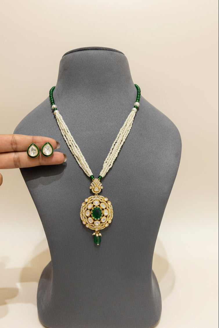 Emerald Medallion Multi-Strand Pearl Pendant Set