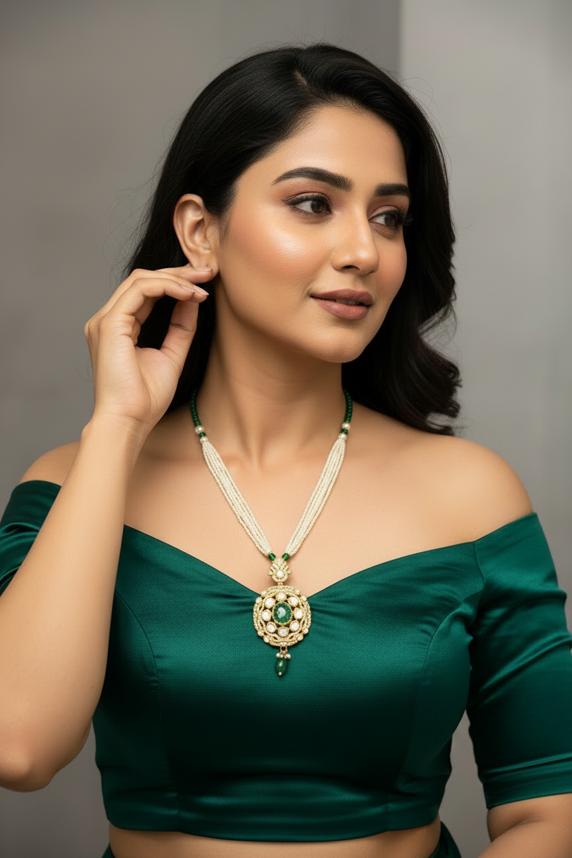 Emerald Medallion Multi-Strand Pearl Pendant Set