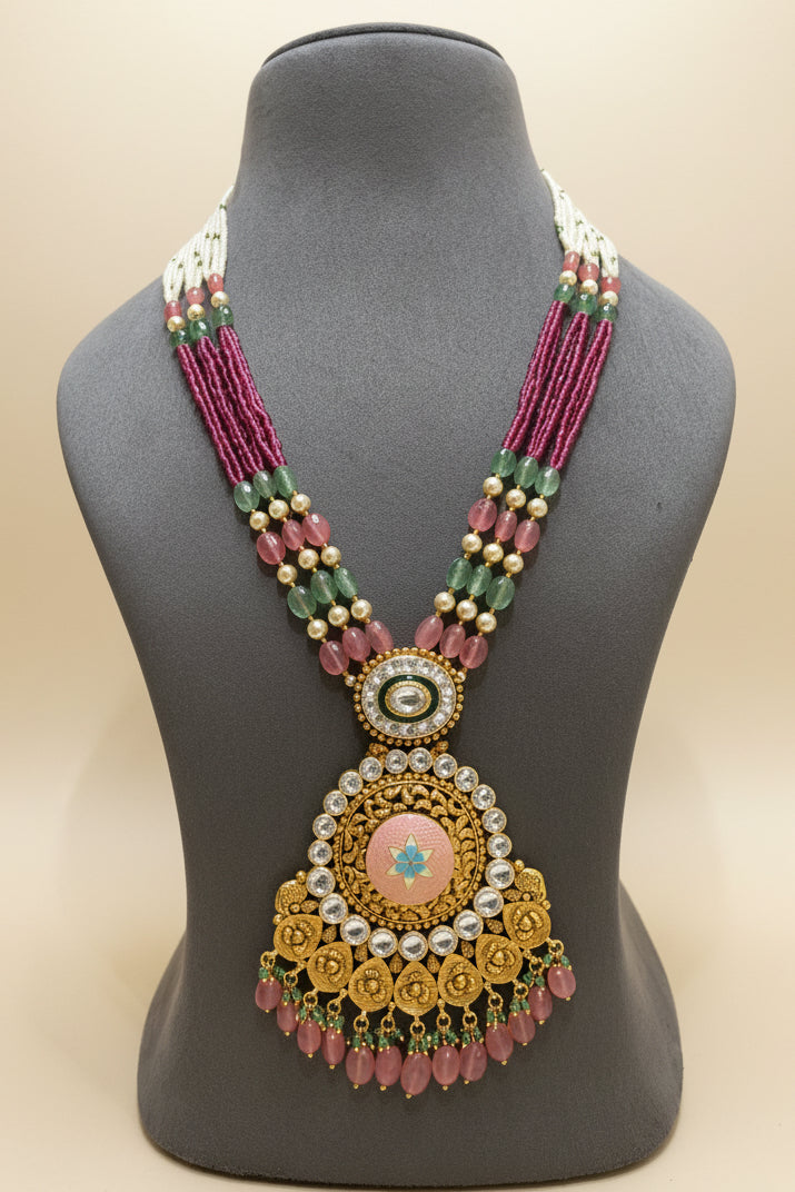Pastel Pink Meenakari & Moissanite Polki Statement Long Set