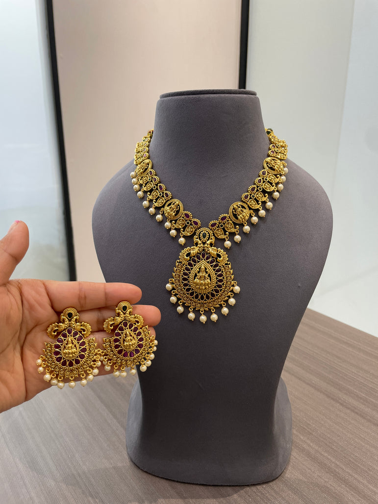 925 Silver Lakshmi Ji Real Gold Look Necklace Set