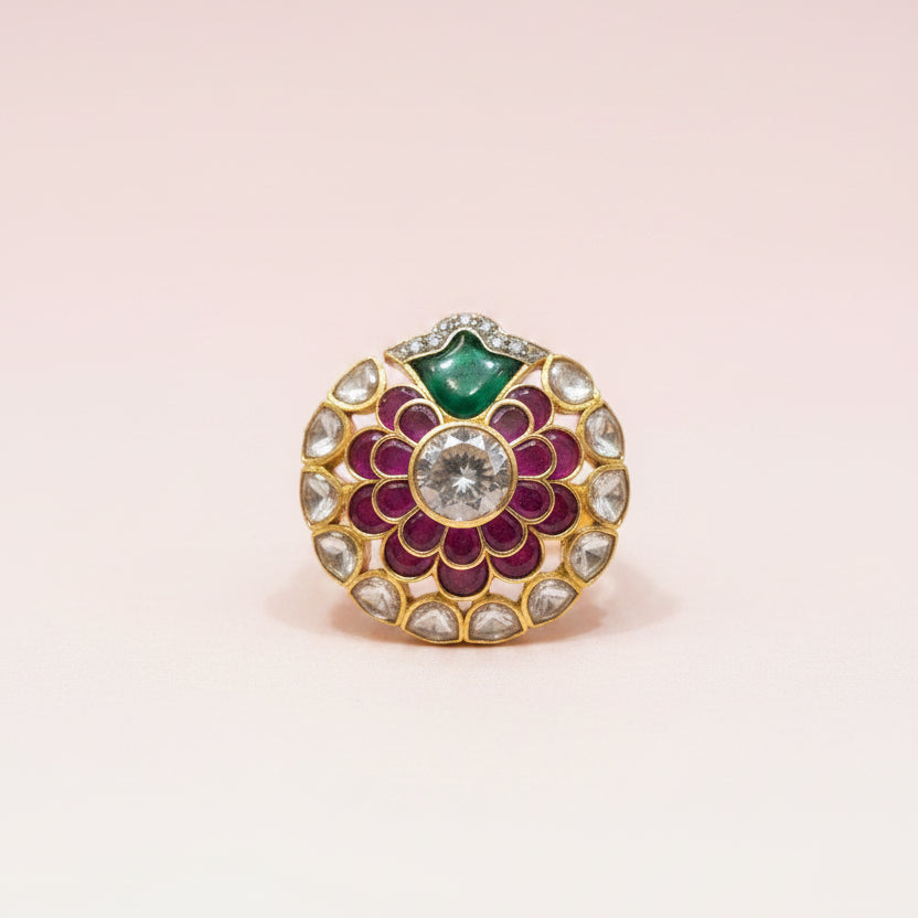 Royal Peacock Motif Ruby Enamel & Polki Dual-Halo Statement Ring