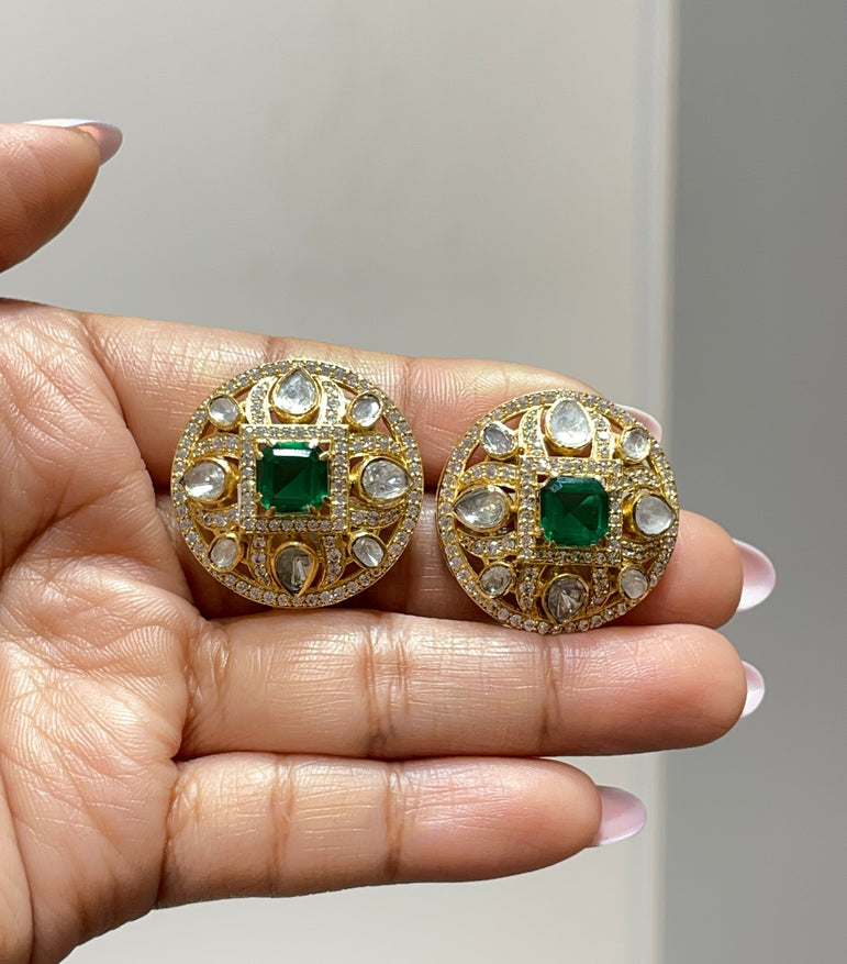 925 Silver Princess Cut Green Stone Polki Earrings