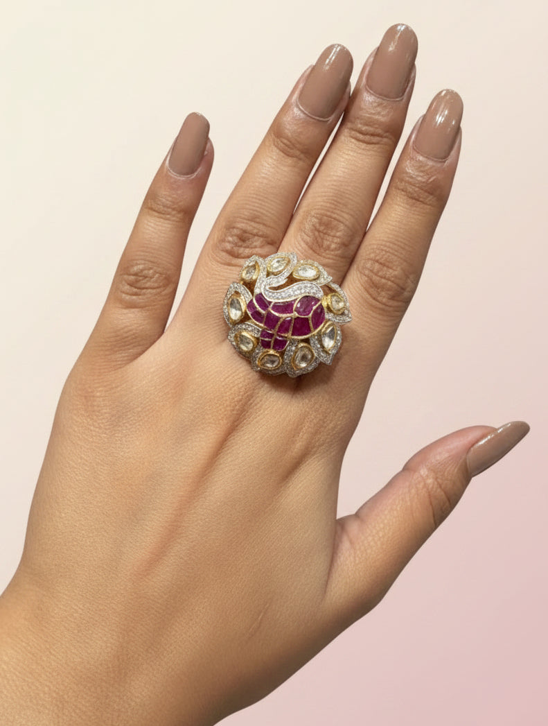 Royal Crimson Lattice & Dual-Tone Polki Floral Cocktail Ring