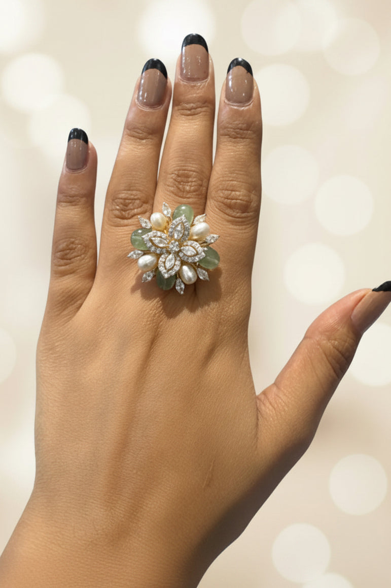 Royal Floral CZ, Pearl & Light Green Aventurine Cocktail Diamond Look Ring