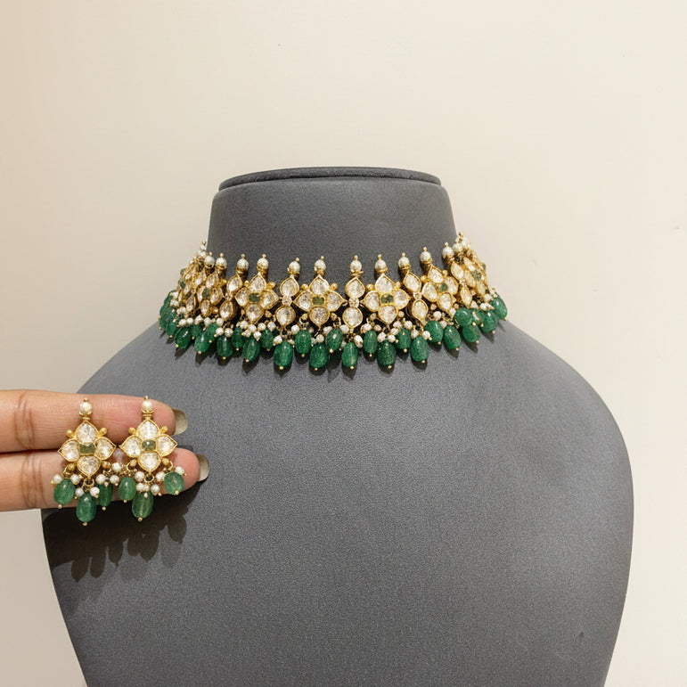 Emerald Green Bead & Moissanite Polki Set