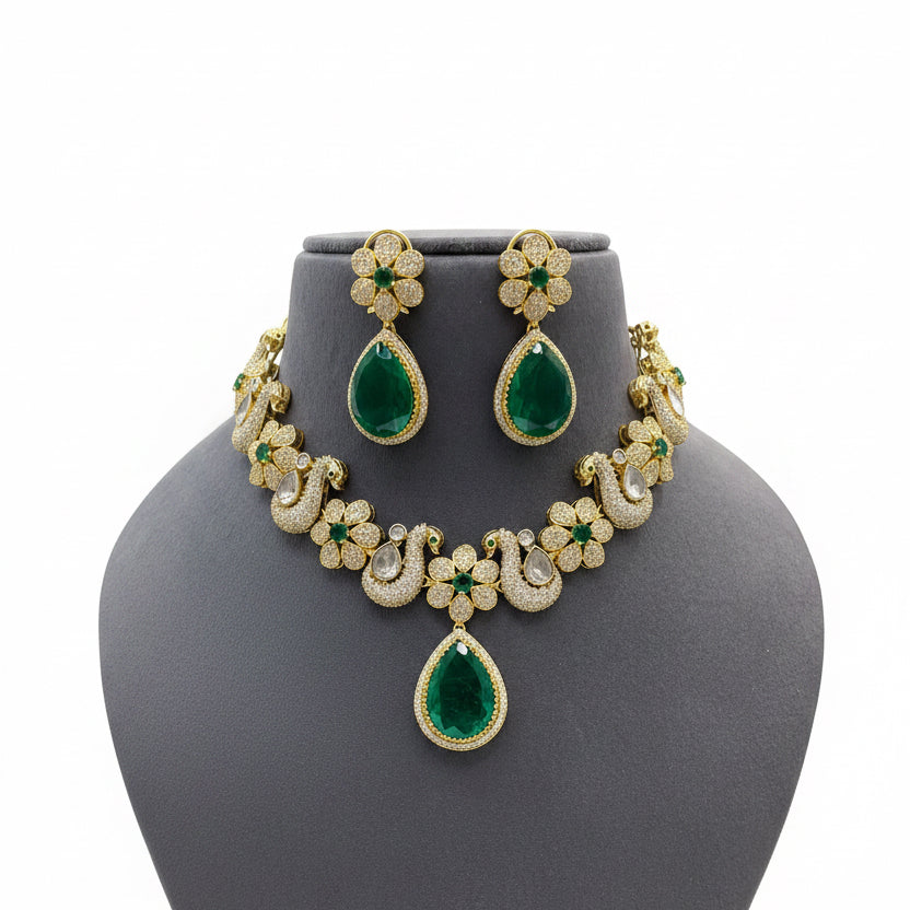 Emerald Peacock Floral Polki Necklace Set