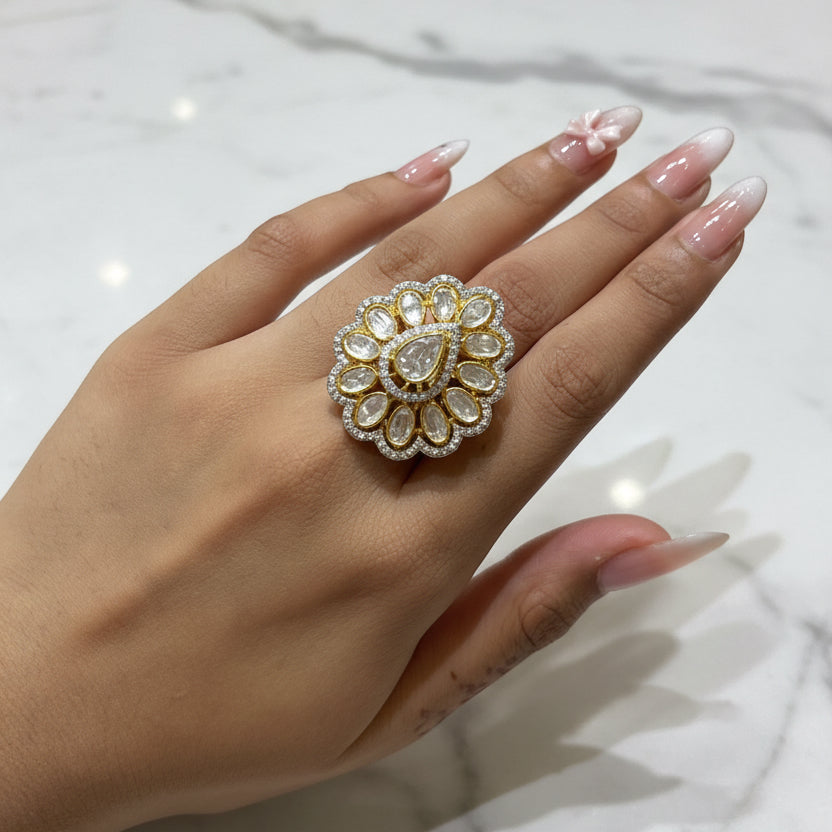 Traditional Moissanite Polki Oval Cocktail Ring