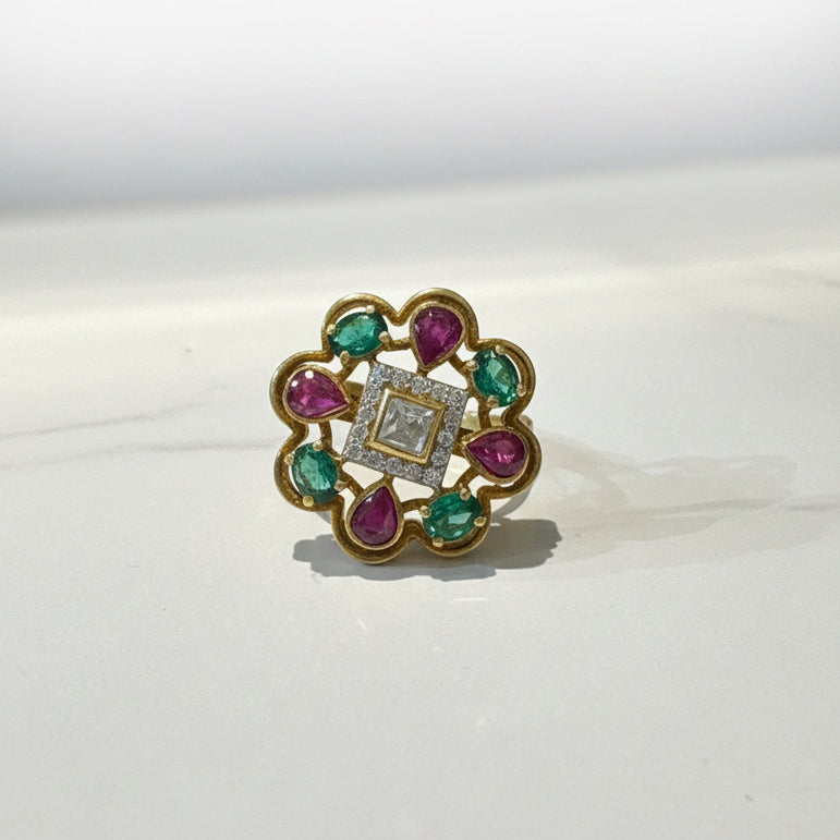 Emerald Floral Square Moissanite Polki Ring