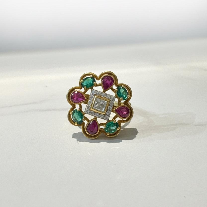 Emerald Floral Square Moissanite Polki Ring