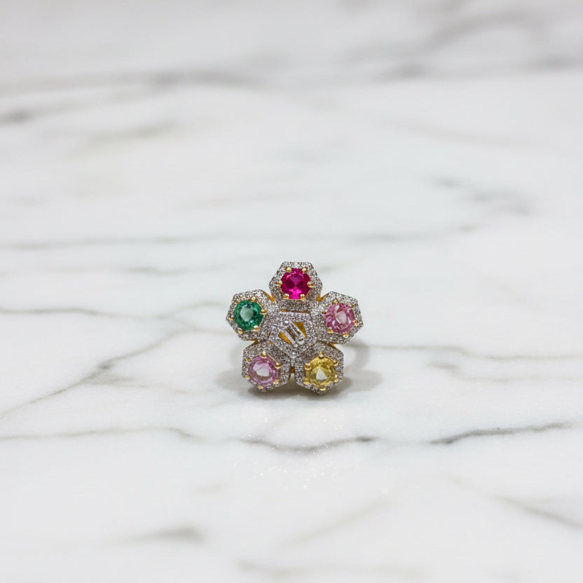 Rainbow Bloom Statement Moissanite Diamond Cocktail Ring