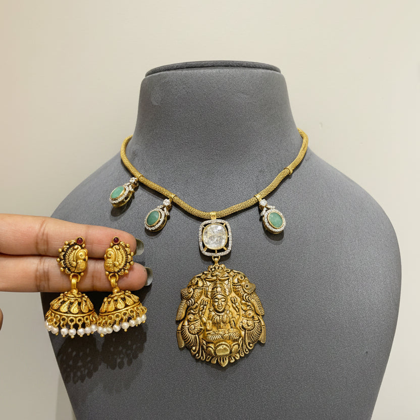 Emerald Laxmi Temple Medallion Gold Look Set