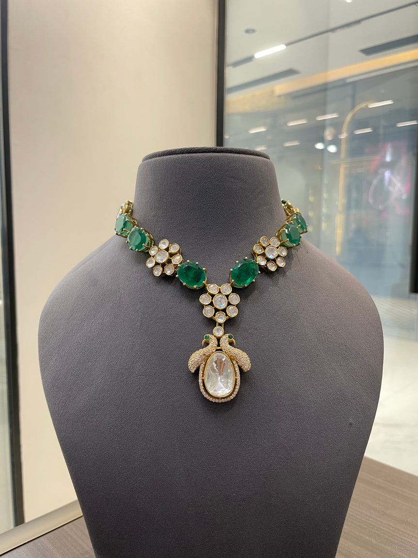 GREEN STONE PEACOCK DESIGN POLKI NECKLACE