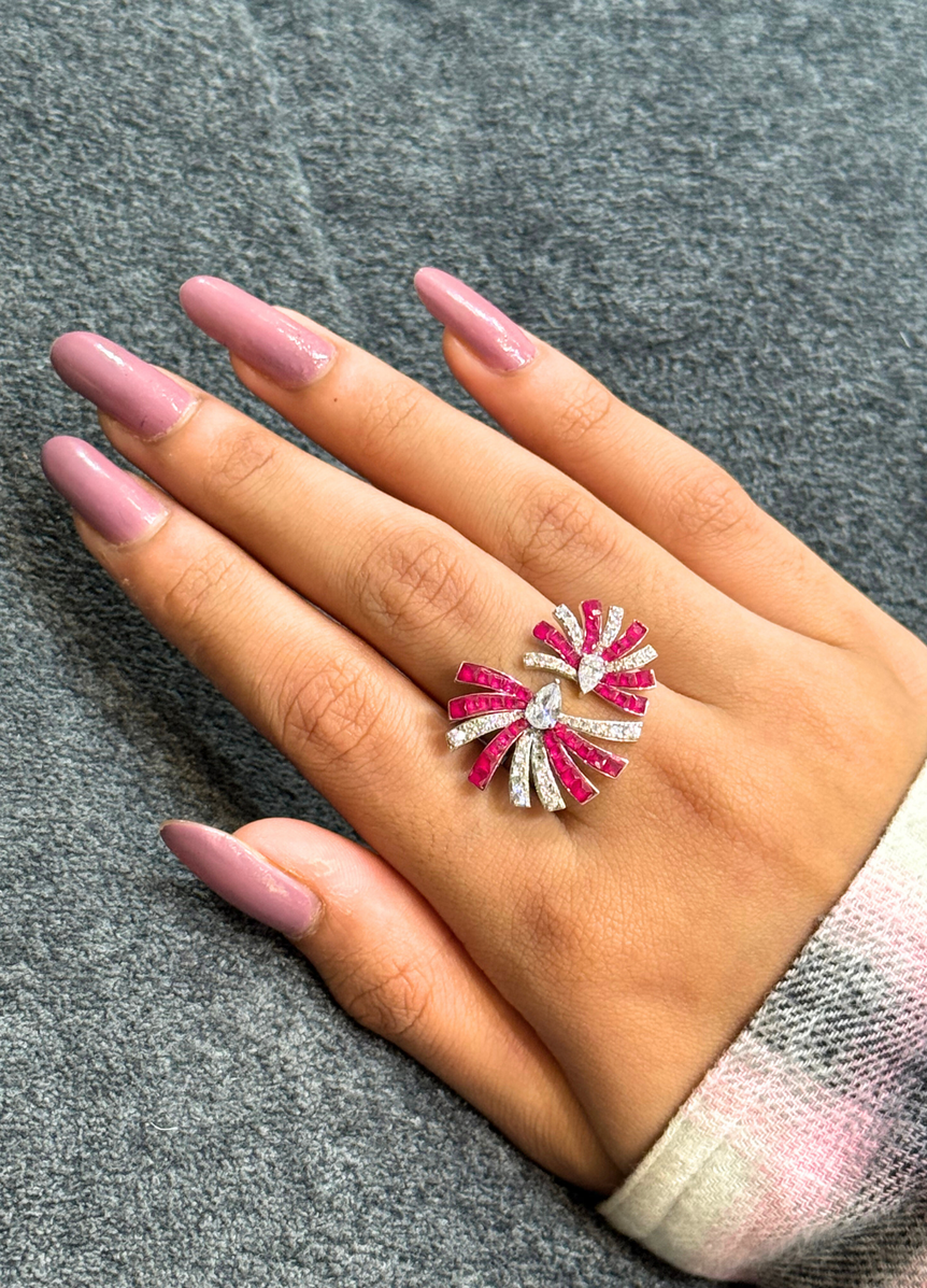 PINK COLOR COCKTAIL PURE SILVER RING
