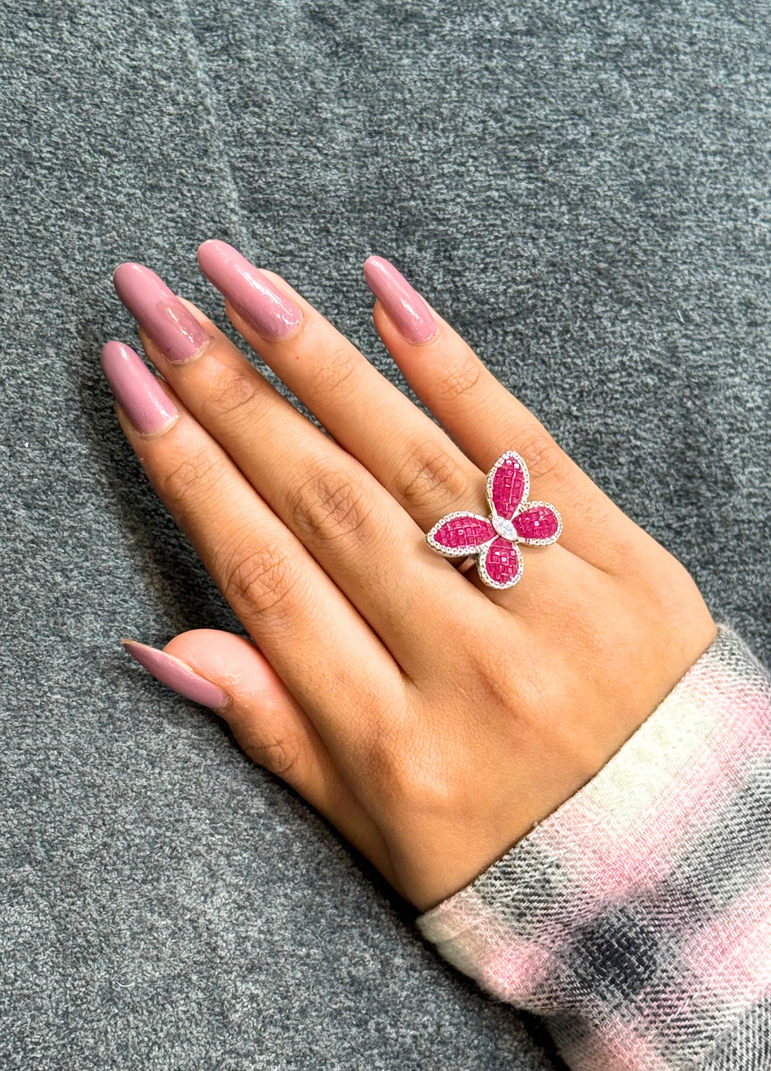 925 PURE SILVER  PINK BUTTERFLY RING