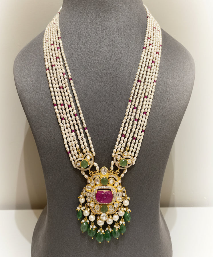 Royal Carved Ruby & Emerald Polki Pendant Long Set