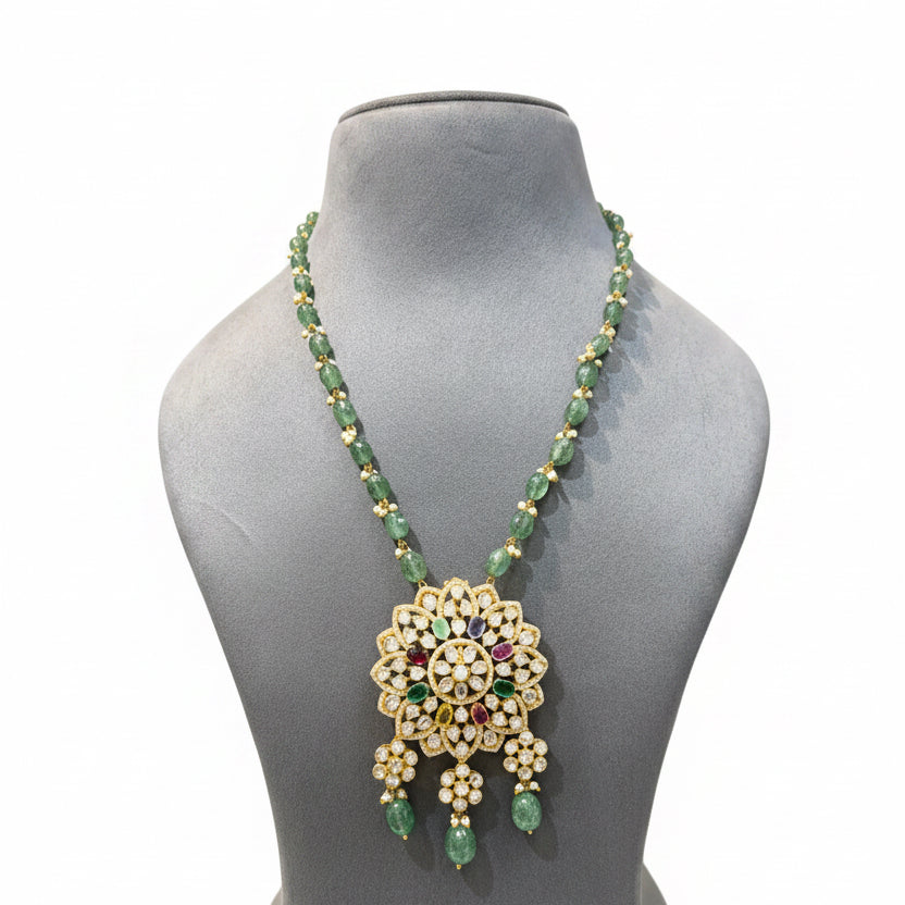 Navratna Moissanite Polki Openwork Rosette Pendant Set