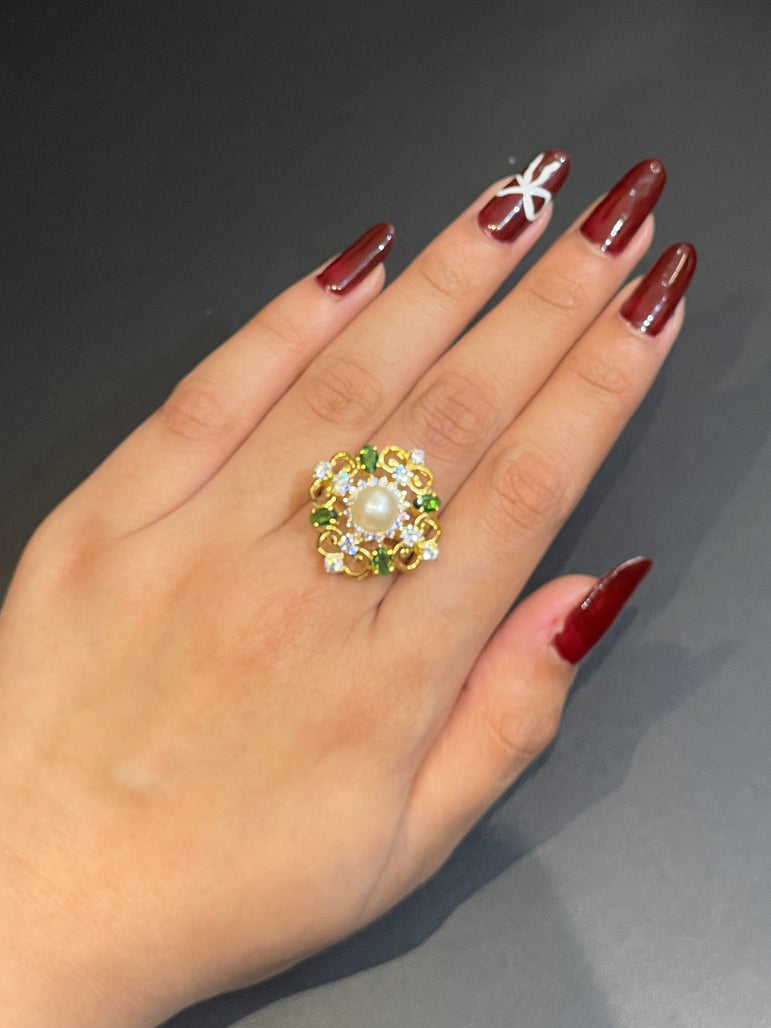 Pearl and Emerald Floral Cluster Ring