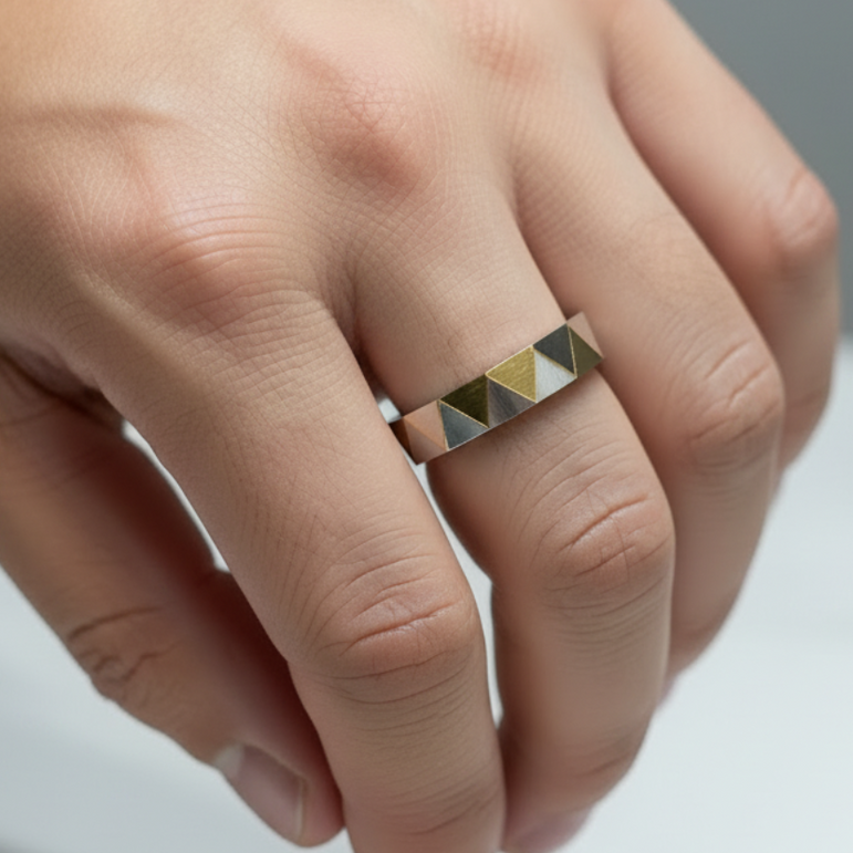 Tri-Tone Triangular Faceted Geometric Men's Band Ring