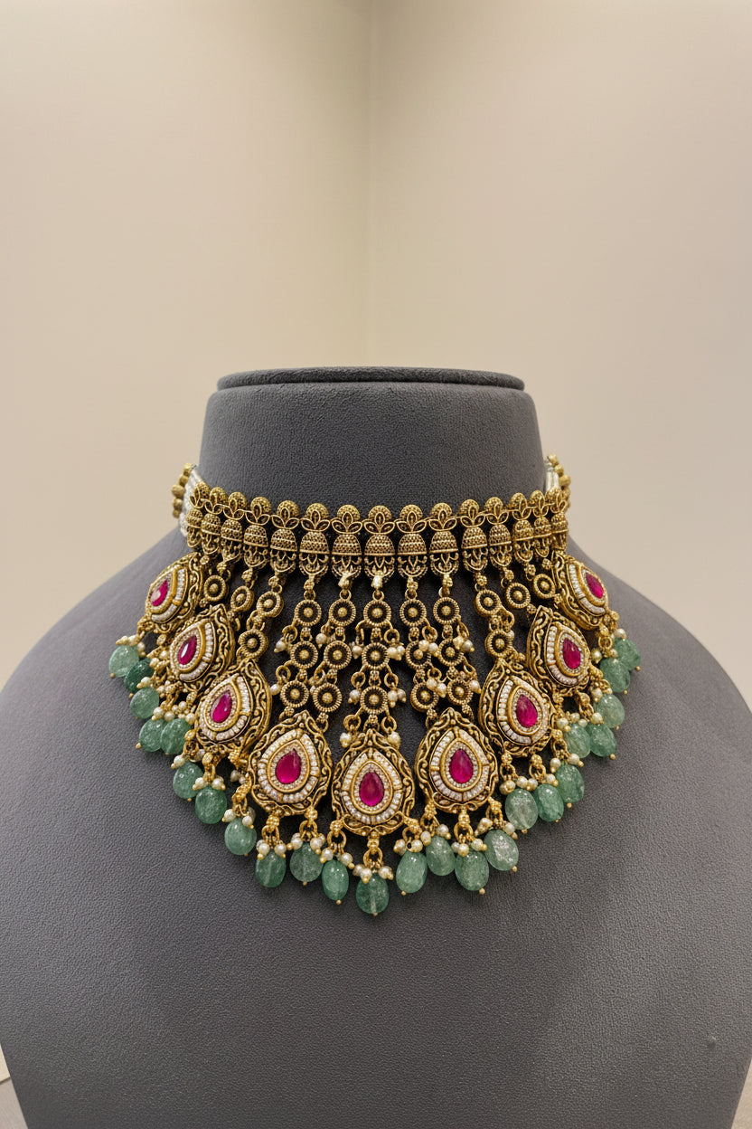 Heritage Nakshi Teardrop Choker Gold Look