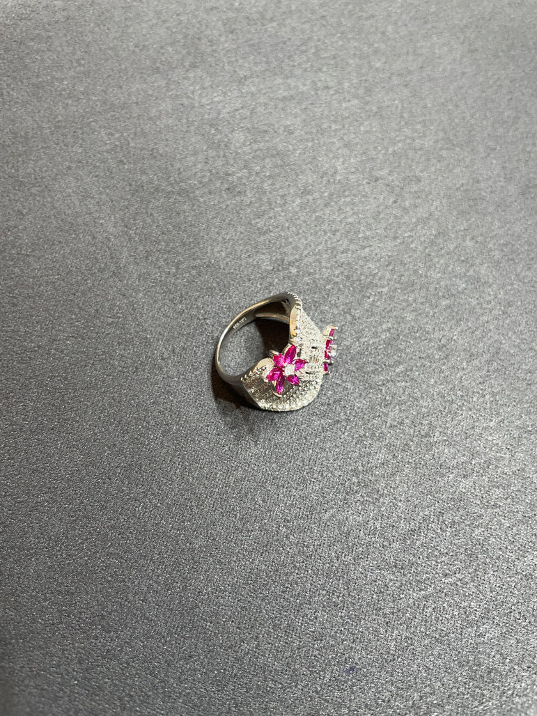 925 Silver American Pink Floral Diamond Ring
