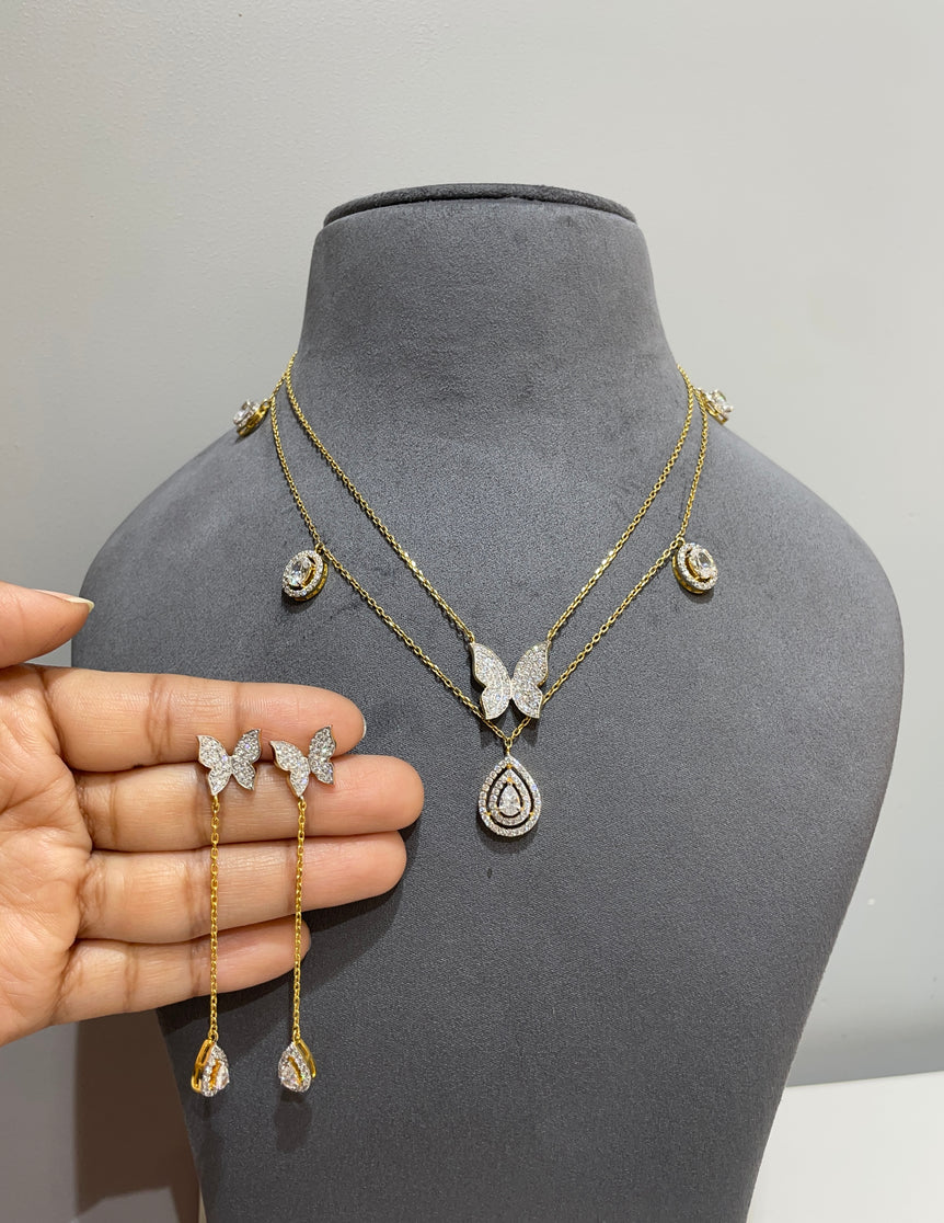 925 Silver Double Line Butterfly & Pear Drop Pendant Set