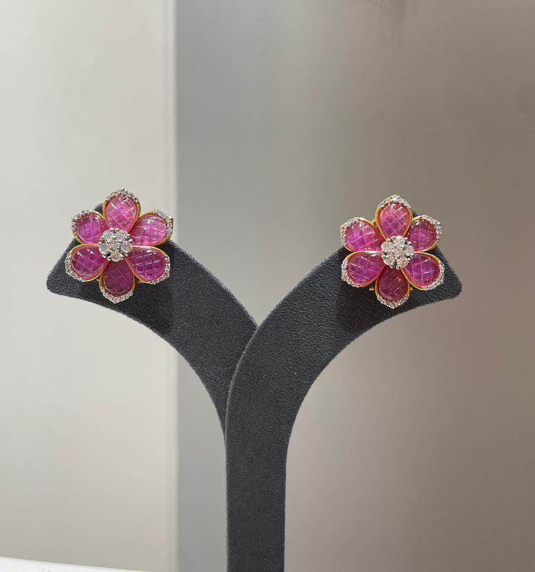 925 Silver Elegant Pink Flower Earrings