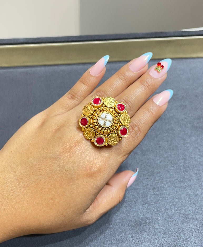 925 Silver Oversized Floral Real Gold Look Ring