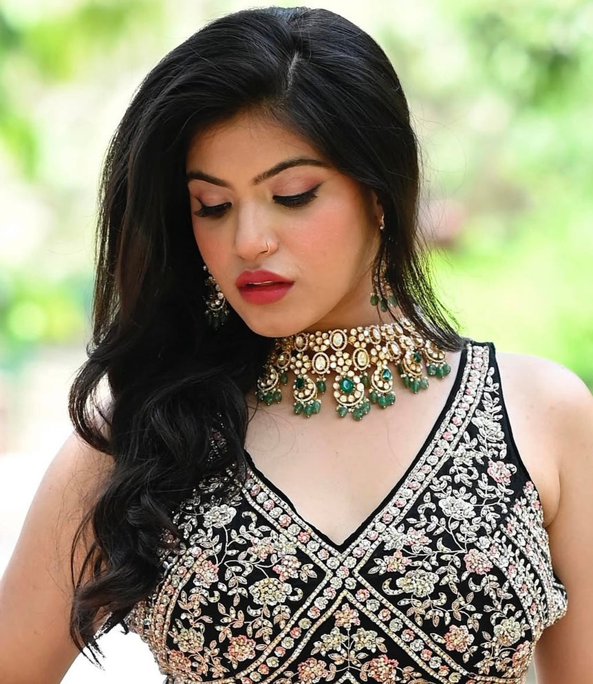 HEAVY GREEN PURE SILVER POLKI SET