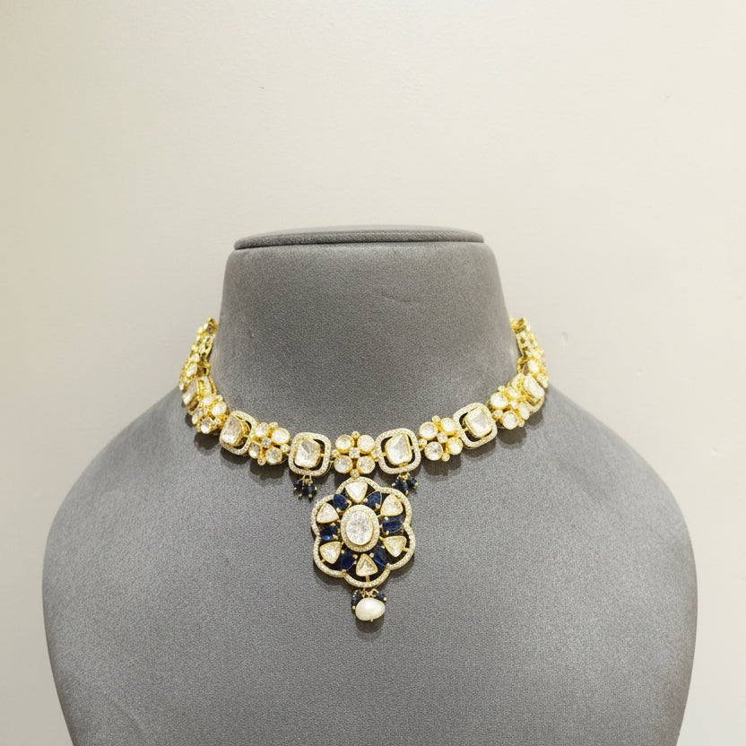 Deep Blue Sapphire & Moissanite Polki Rosette Choker