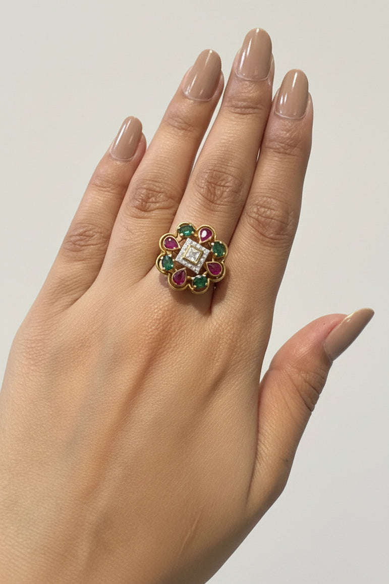 Emerald Floral Square Moissanite Polki Ring