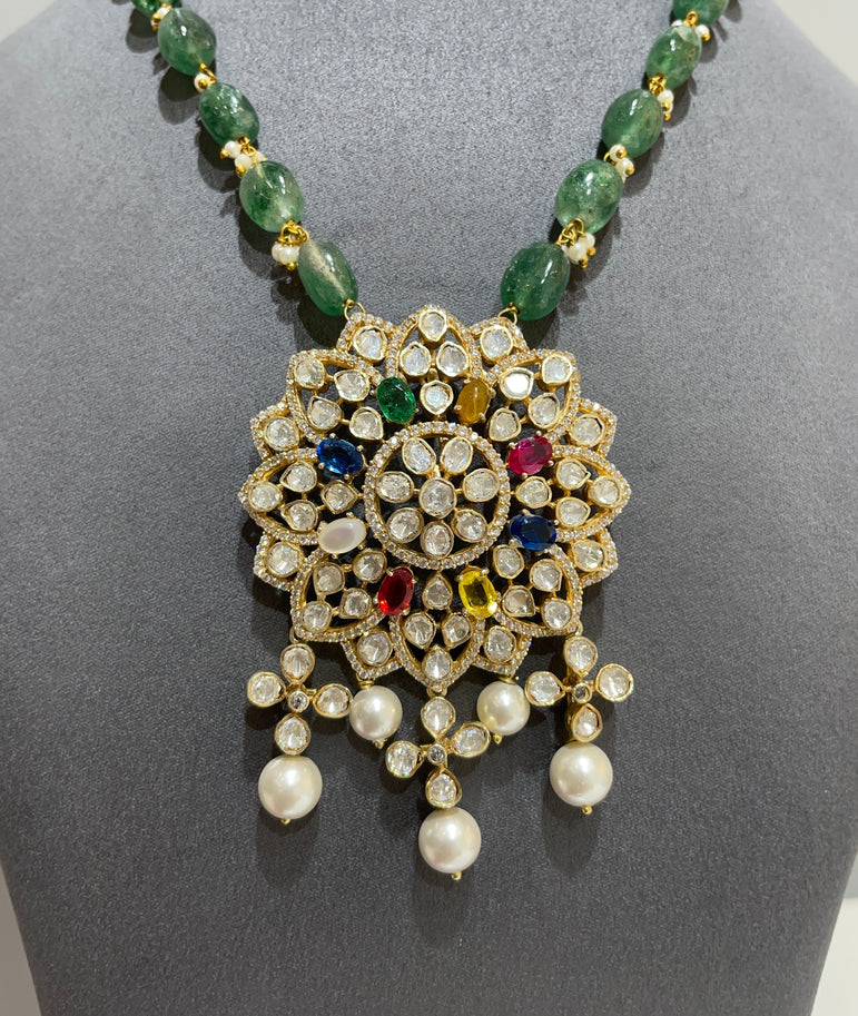 925 Silver Floral Navrattan & Polki Pendant