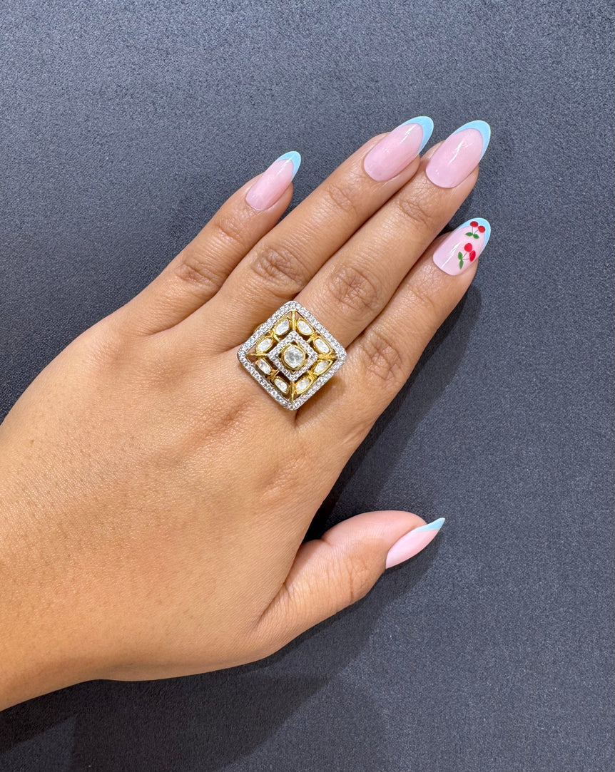 925 Silver Geometric Polki Ring
