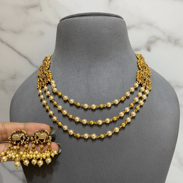 Royal Triple Strand Pearl Layered Gold Look Set