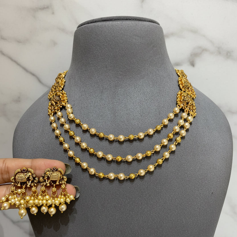Royal Triple Strand Pearl Layered Gold Look Set