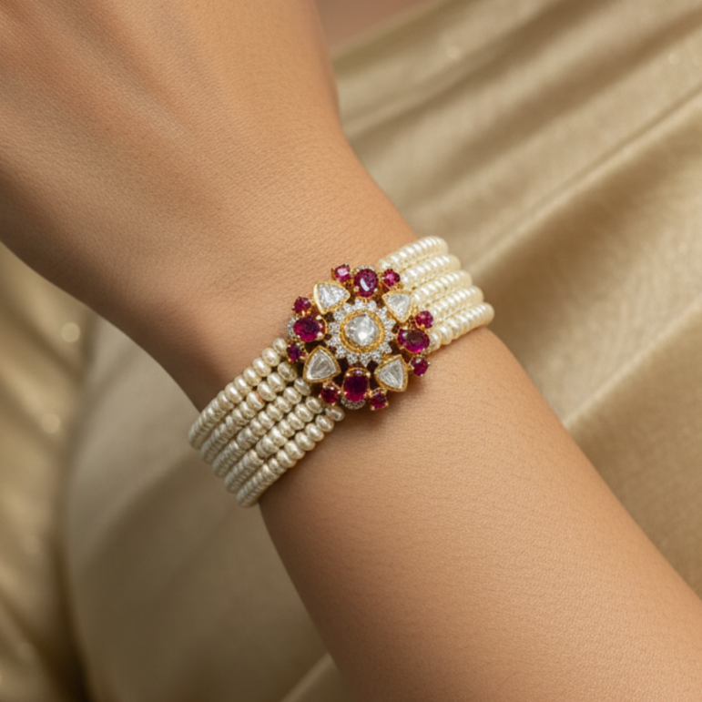 Floral Moissanite Polki & Multi-Strand Pearl Bracelet