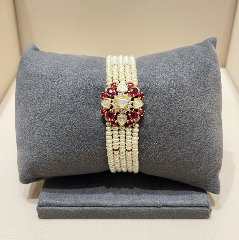 Floral Moissanite Polki & Multi-Strand Pearl Bracelet