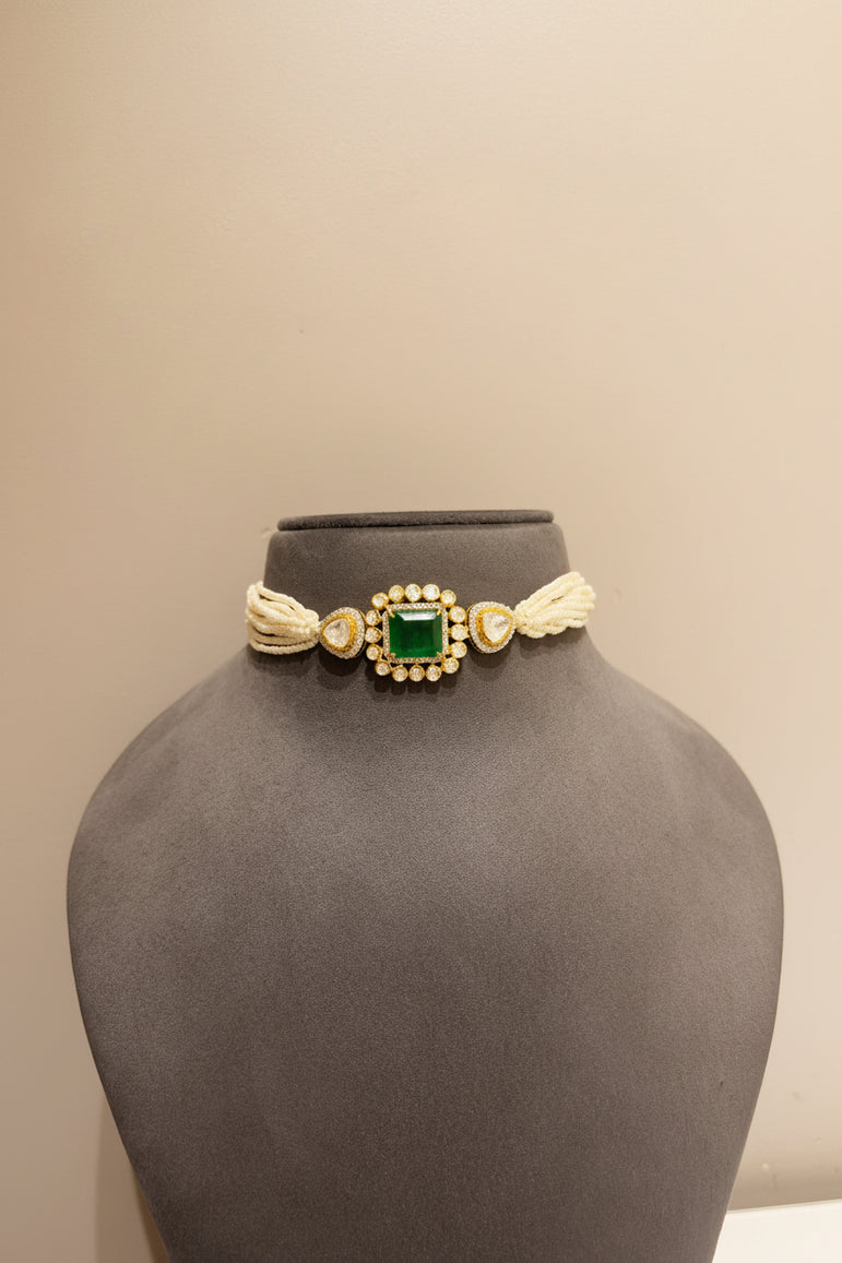 Emerald-Cut Emerald Moissanite Polki Pearl Choker